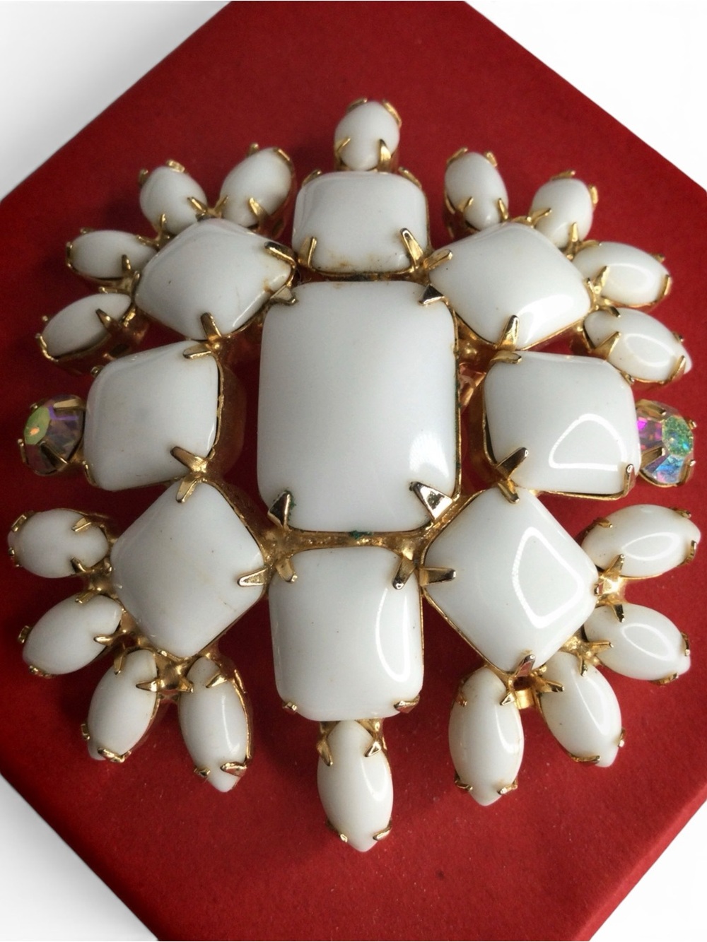 Vintage Gold-Tone Milk Glass Cabochon Floral Brooch with AB Accents - Picture 9 of 14